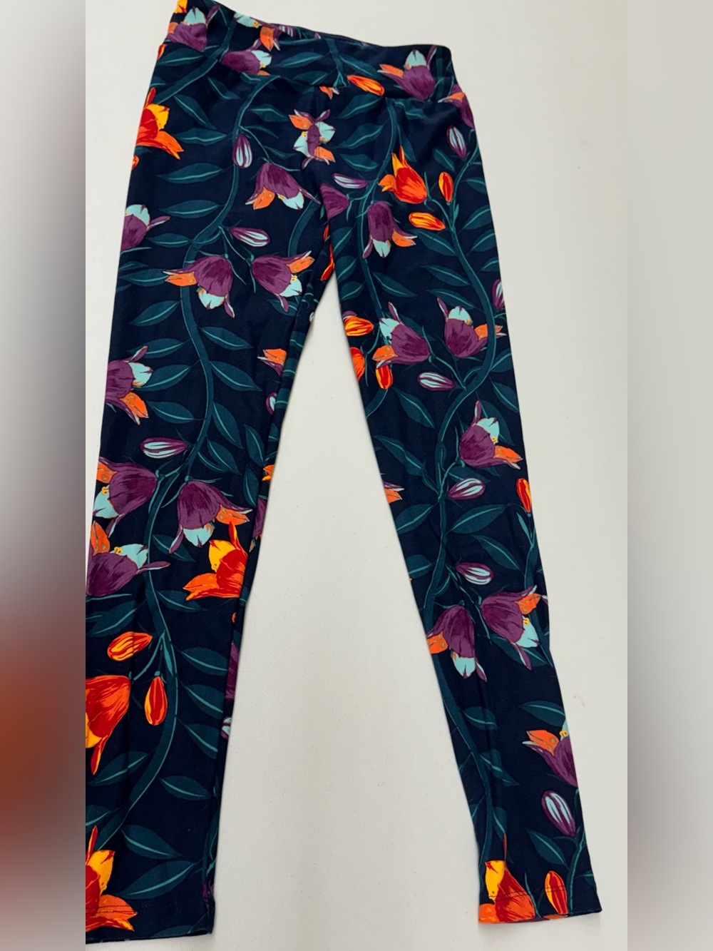 LuLaRoe Navy Leggings with Purple & Orange Floral Print